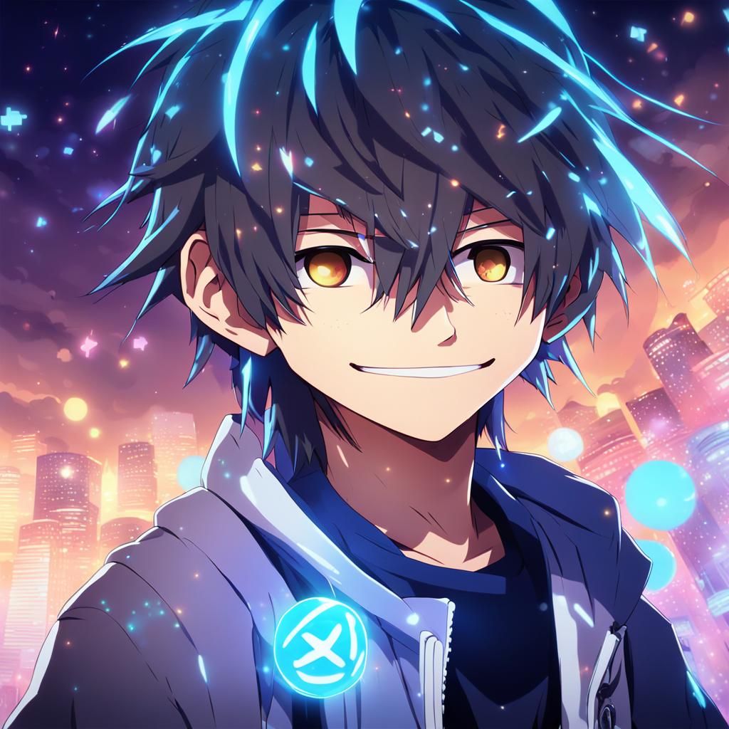 Anime Gamer Boy Logo with Glowing 3D Background