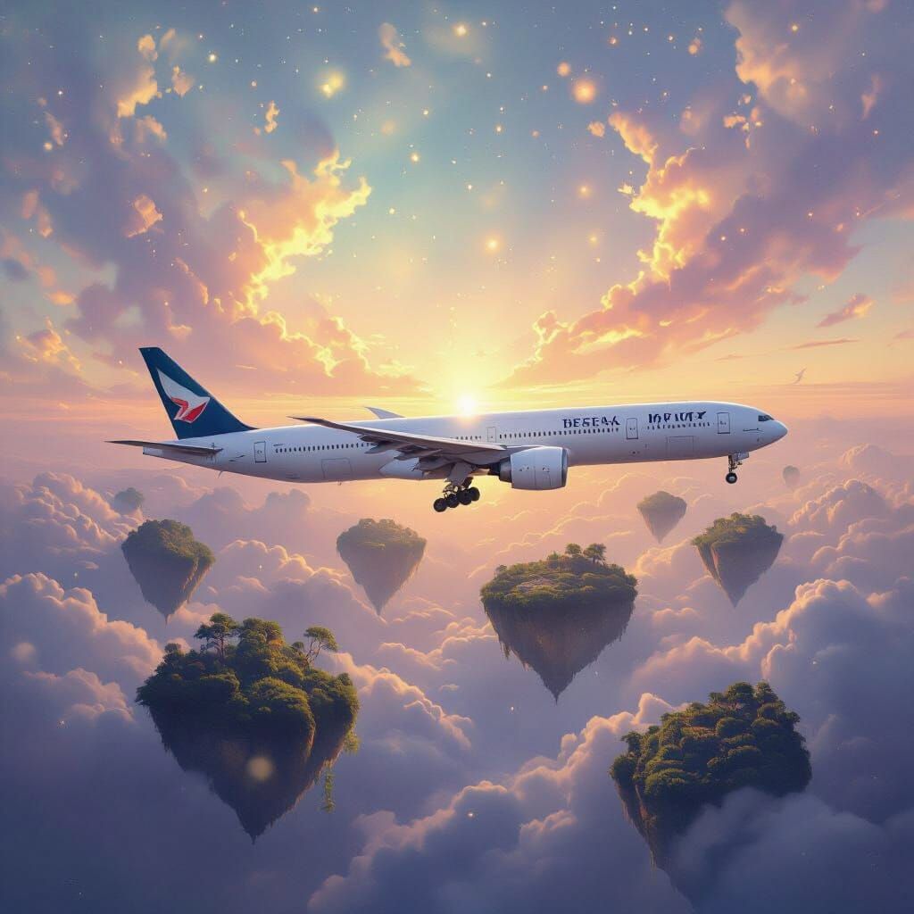 B777 Airplane Soaring Through Nebula Sky in Airbrush Style