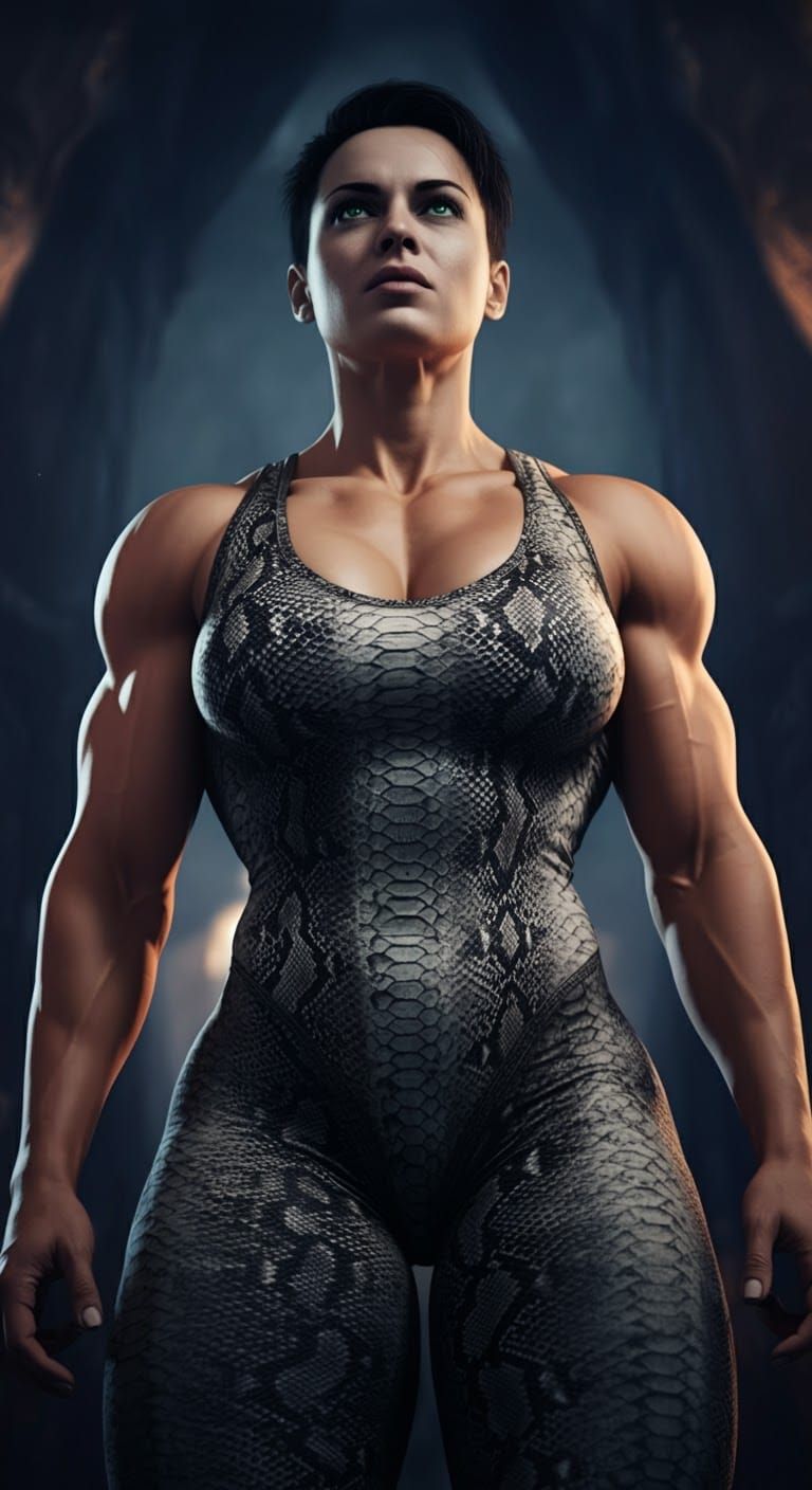 Intimidating Brunette in Snakeskin Bodysuit: Matte Painting