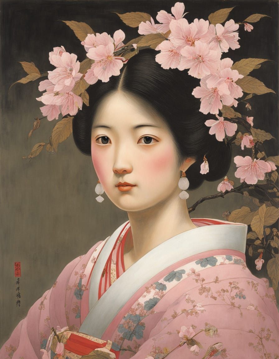 Kitsune Fairy Amidst Cherry Blossoms in Traditional Japanese...