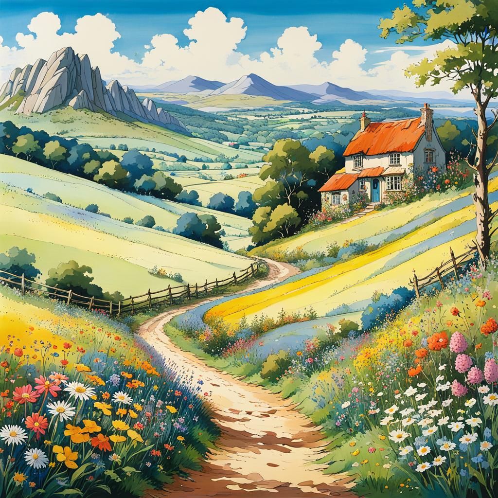 Anime Countryside Landscape with Wildflowers