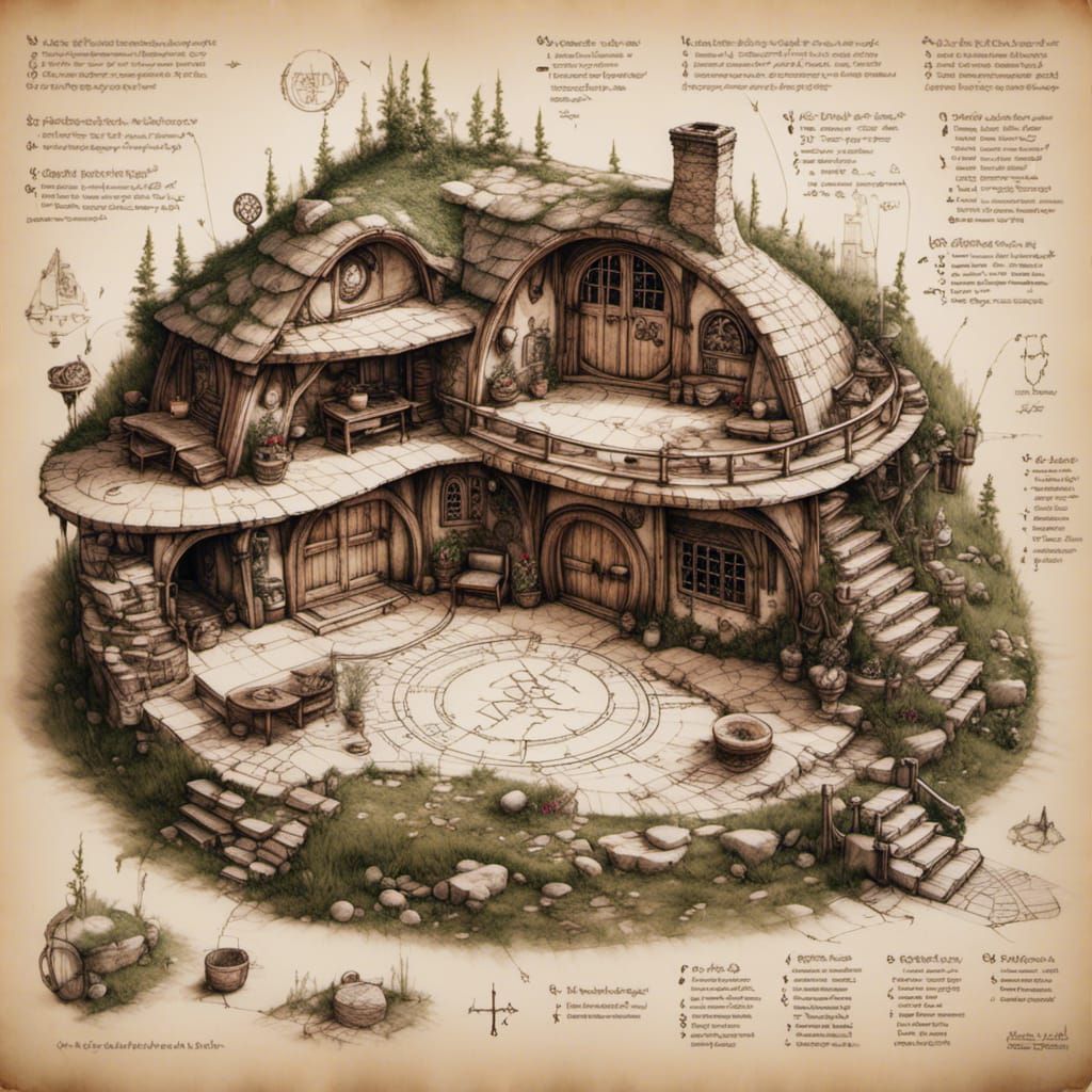 Hobbit Home Blueprint with Glowing Runes