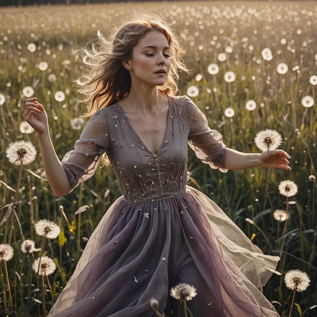Woman Dancing with Dandelions in Golden Hour