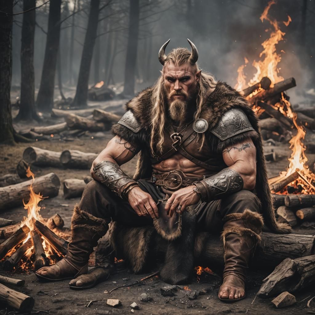 Werewolf Viking Warrior Resting by Bonfire