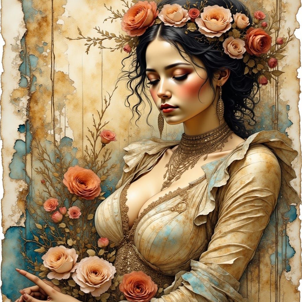 Distressed Antique Paper with Lace and Watercolor