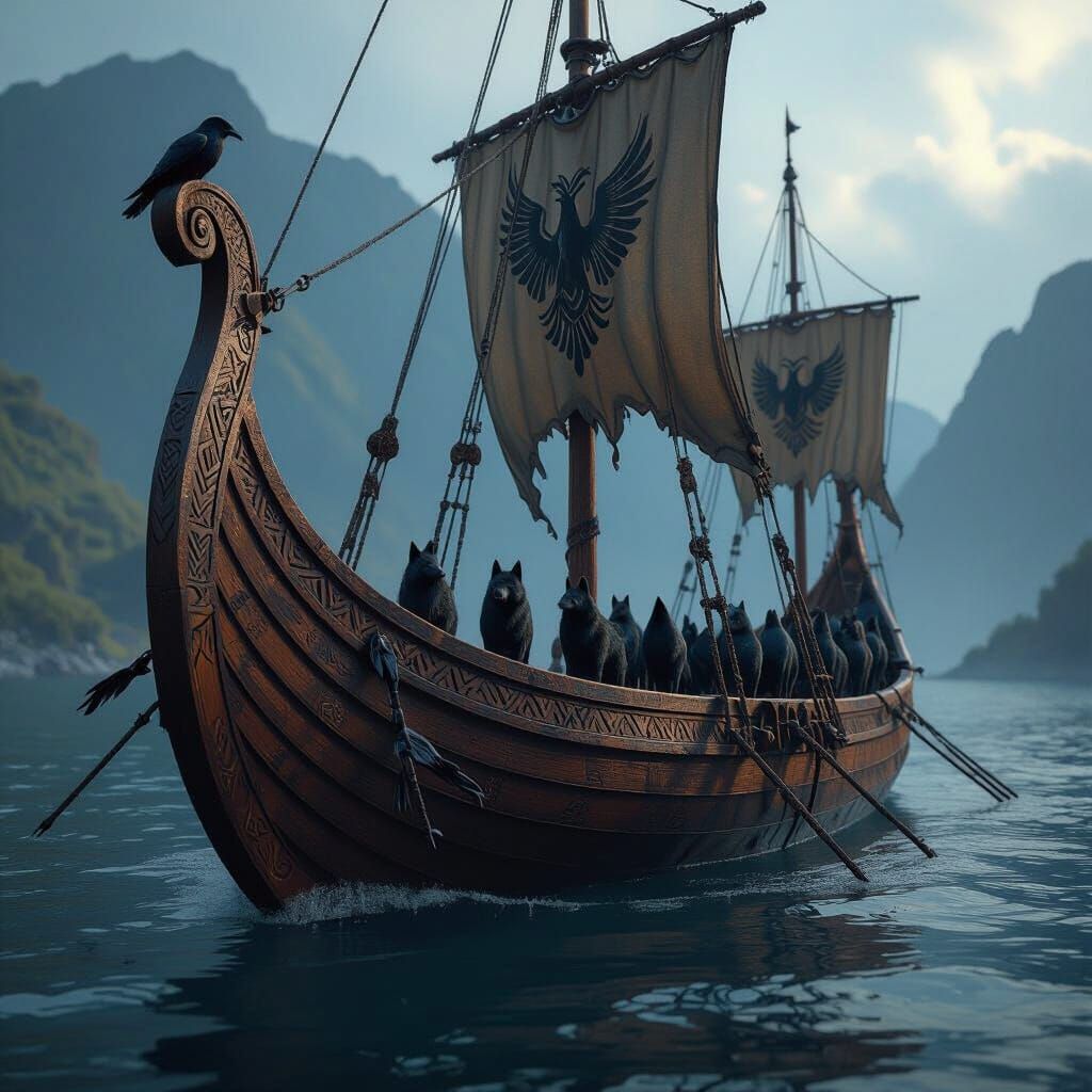 Intricate Viking Longship with Wolf and Raven Engravings