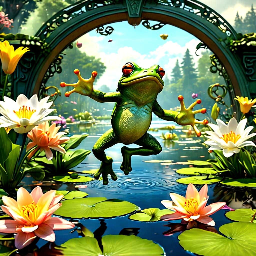 Frog's Leap: Alphonse Mucha-Inspired Surreal Scene