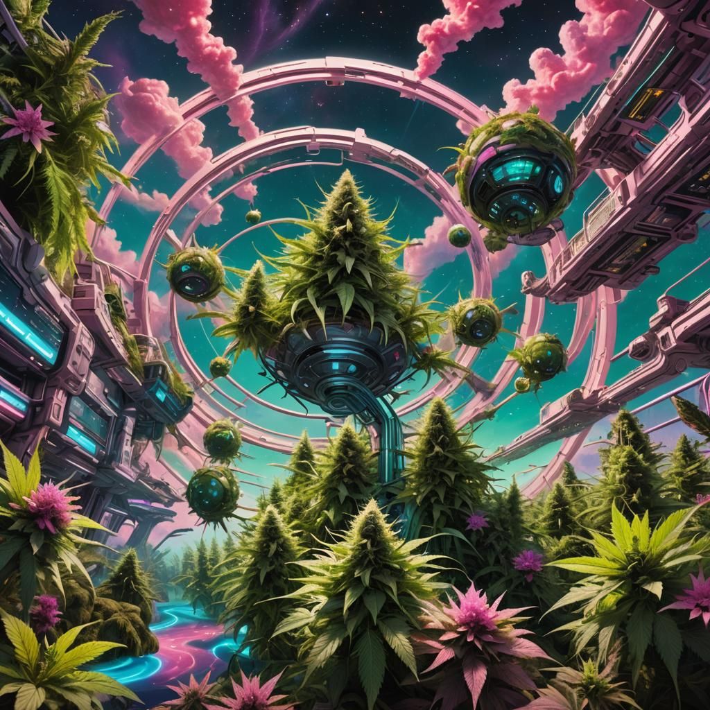 Cannabis Space Station Orbiting Emerald Planet: Splash Art