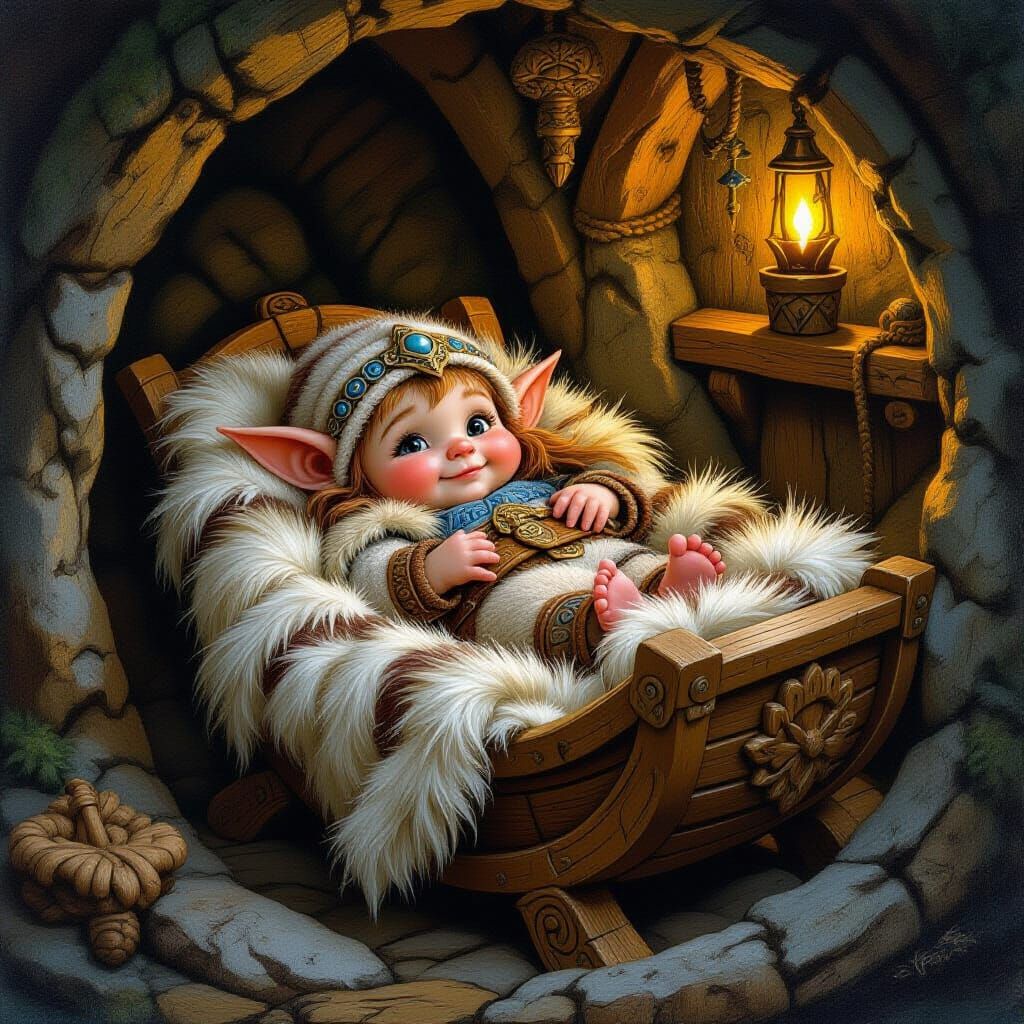Dwarven Baby in Cradle, Whimsical Fantasy Art