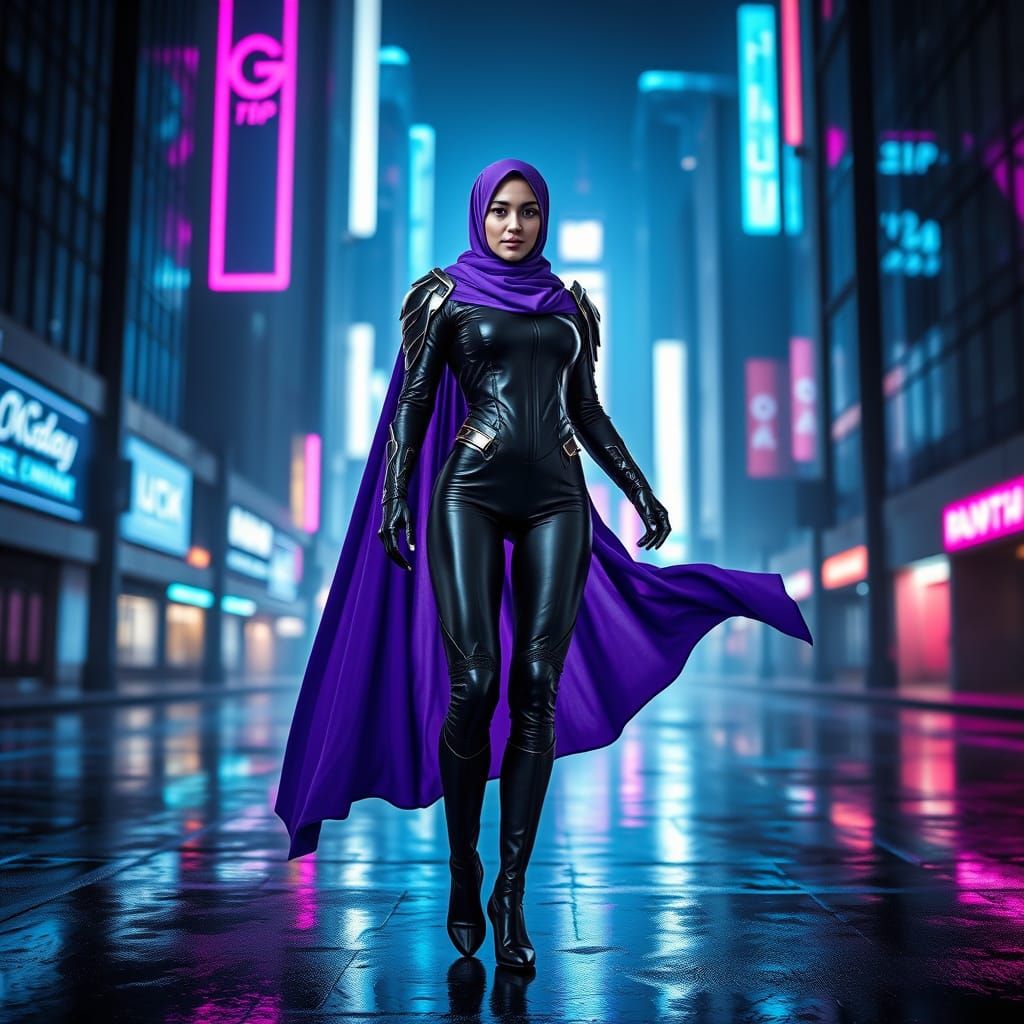 Cyberpunk Woman with Purple Hijab in Neon Cityscape