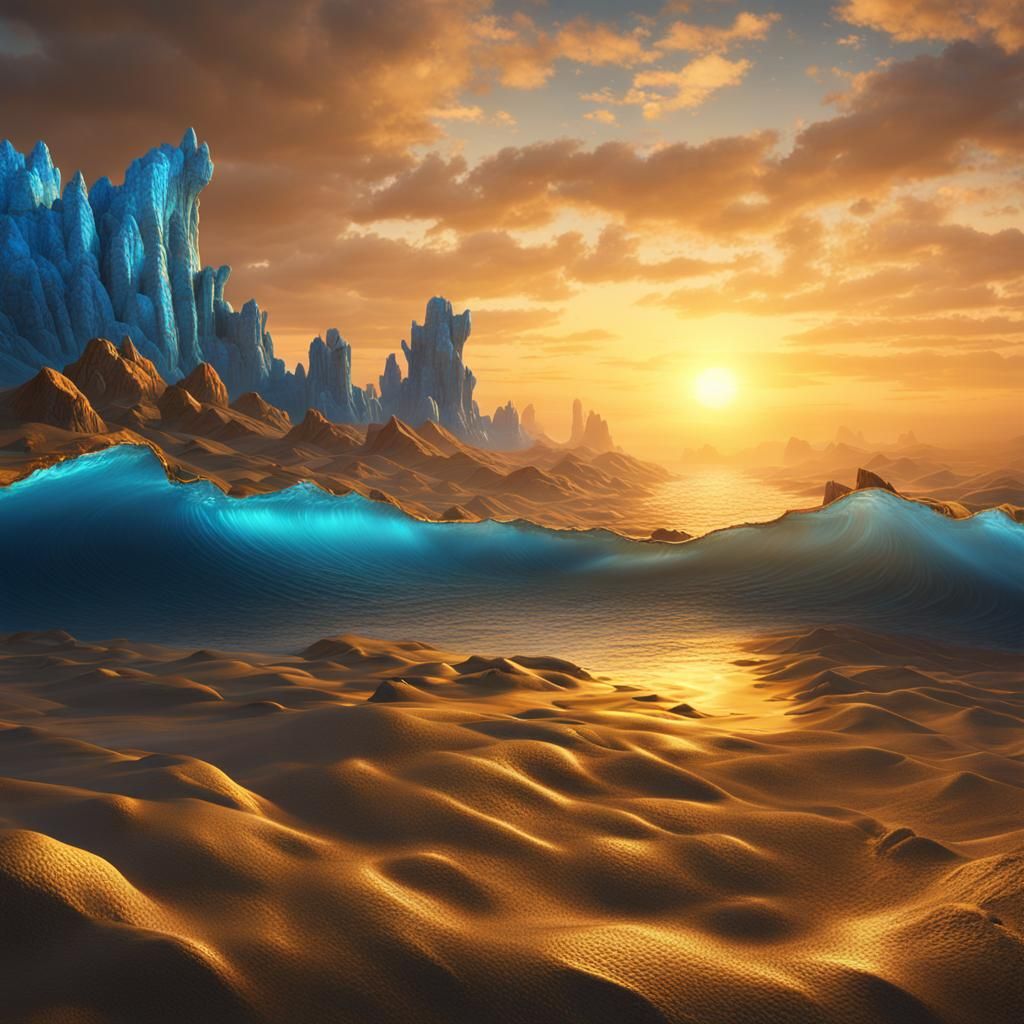 Gold color desert meets blue color ocean