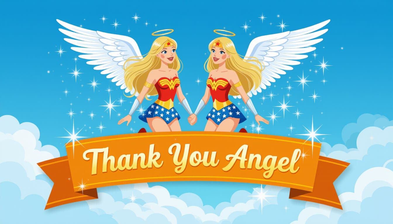 Two Angels in Wonder Woman Outfits on Banner