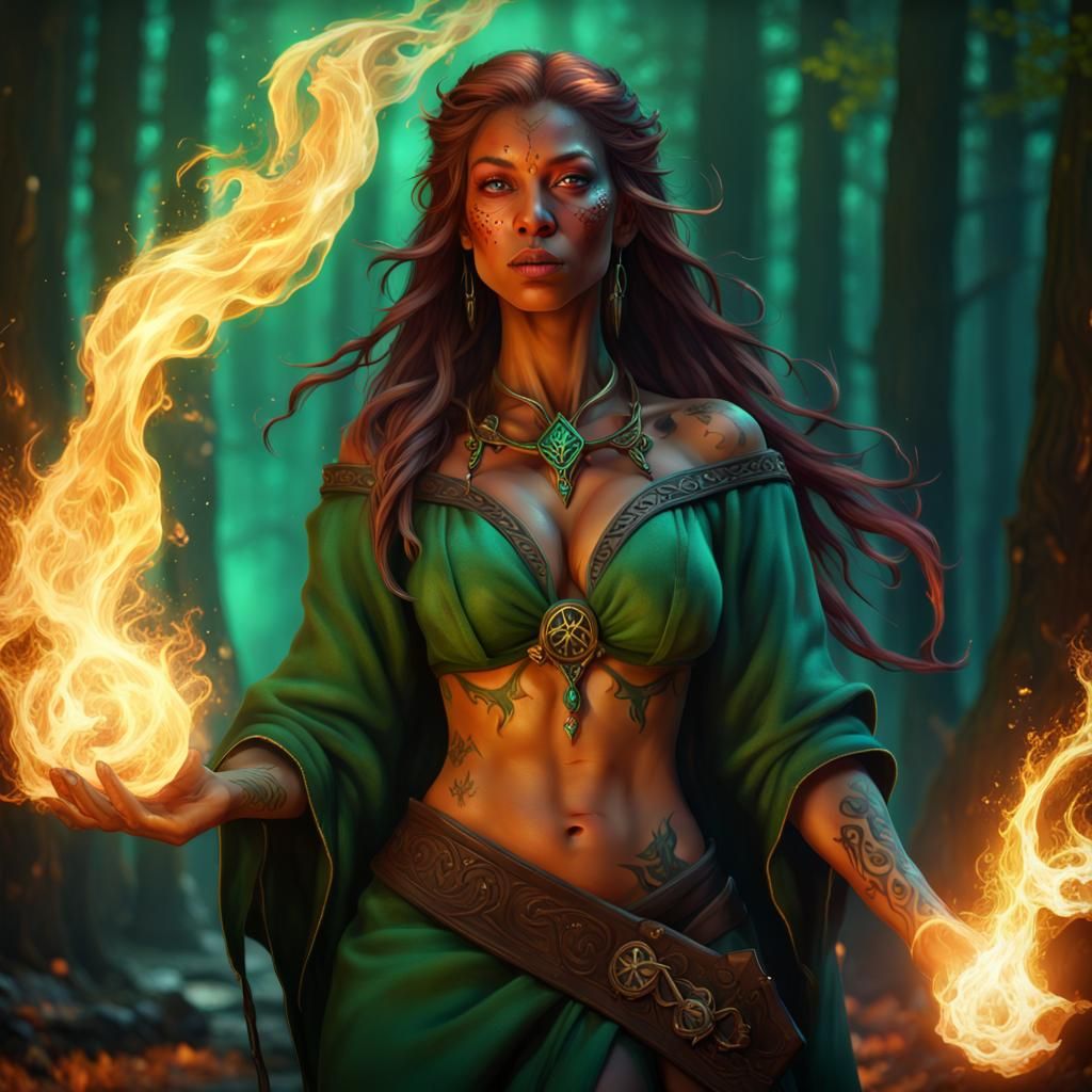 Beautiful Witch Casting Colorful Flame Spell