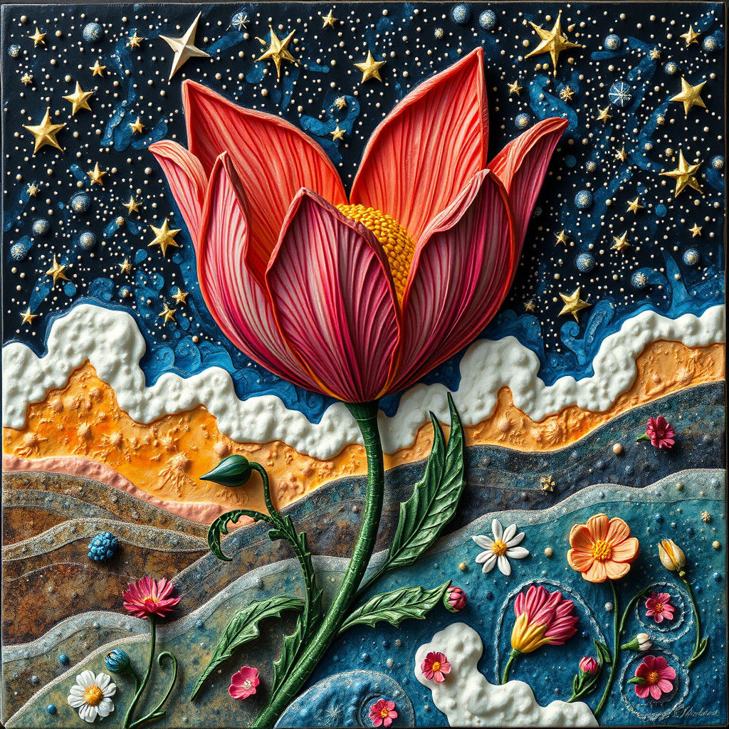 Surrealist Wildflower Under Starry Heaven, Mixed Media Style