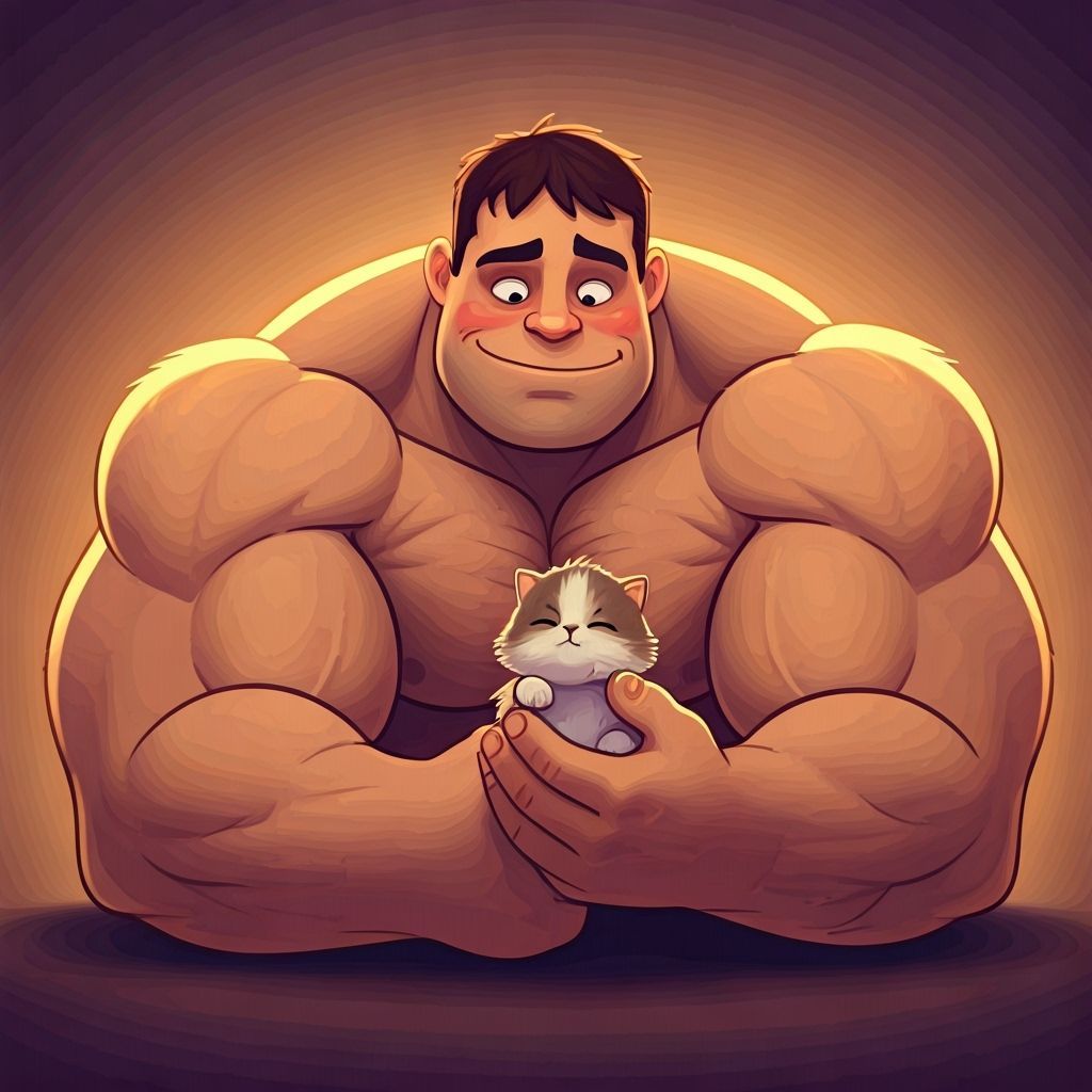 Muscular Man Gently Cradles Kitten in Wholesome Cartoon