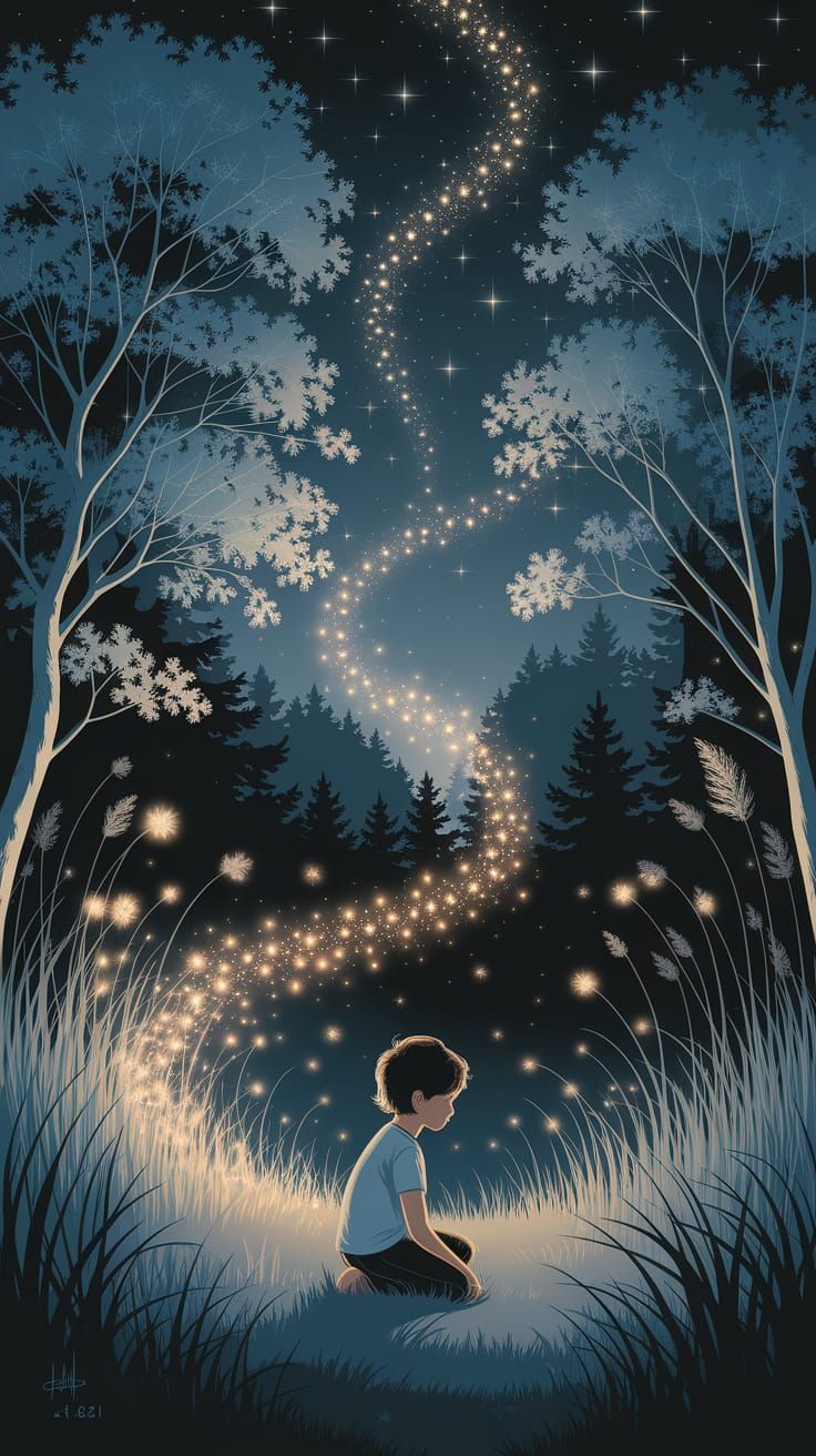 Whimsical Nighttime Scene in an Enchanted Forest