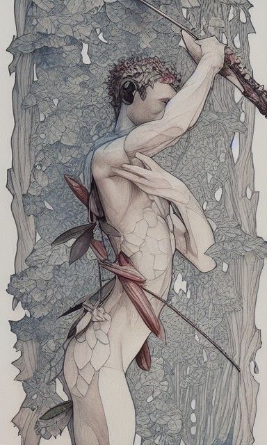 Romantic Elf in Forest with Bow, Watercolor Style