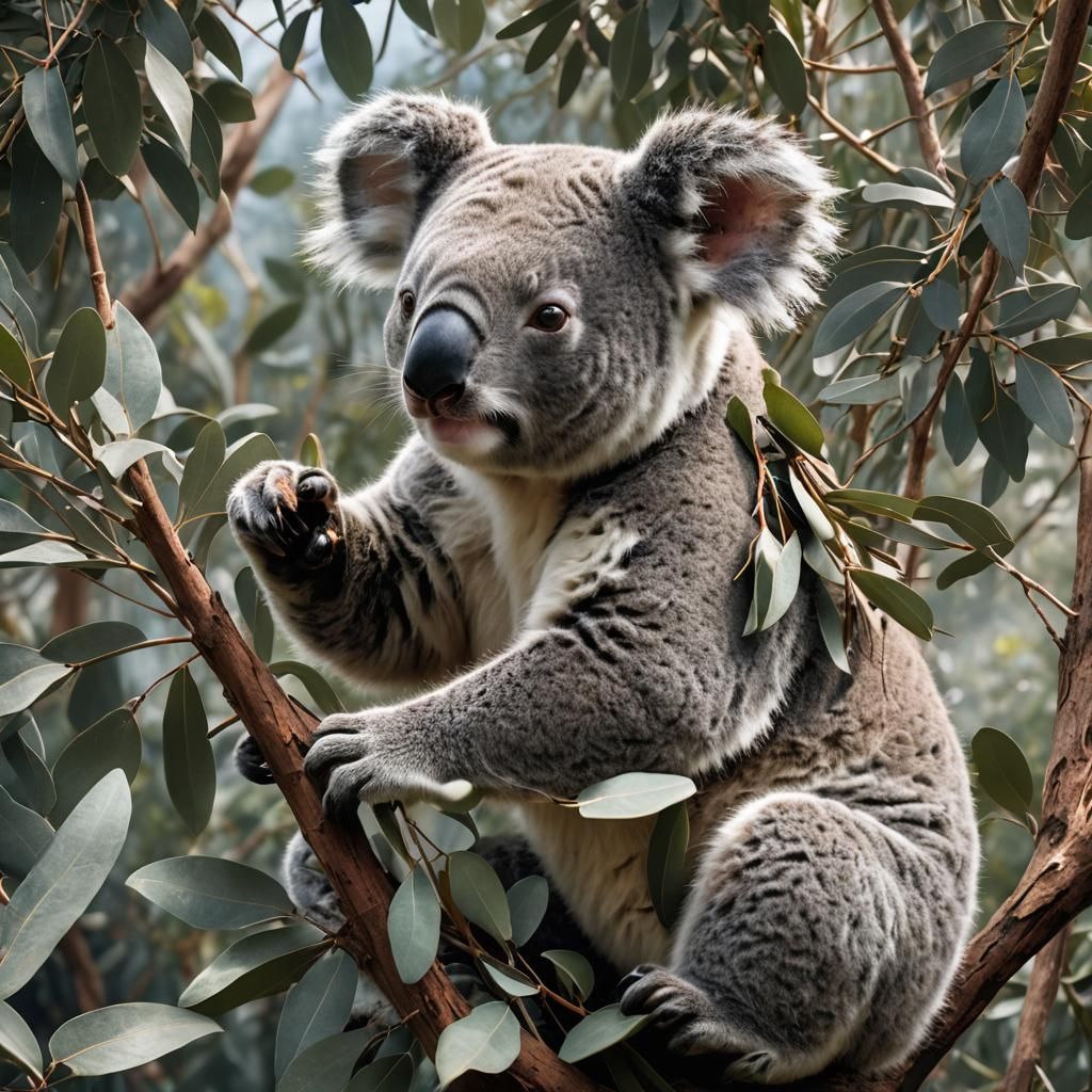 Koala Bear Munching on Eucalyptus Leaves in Australia
