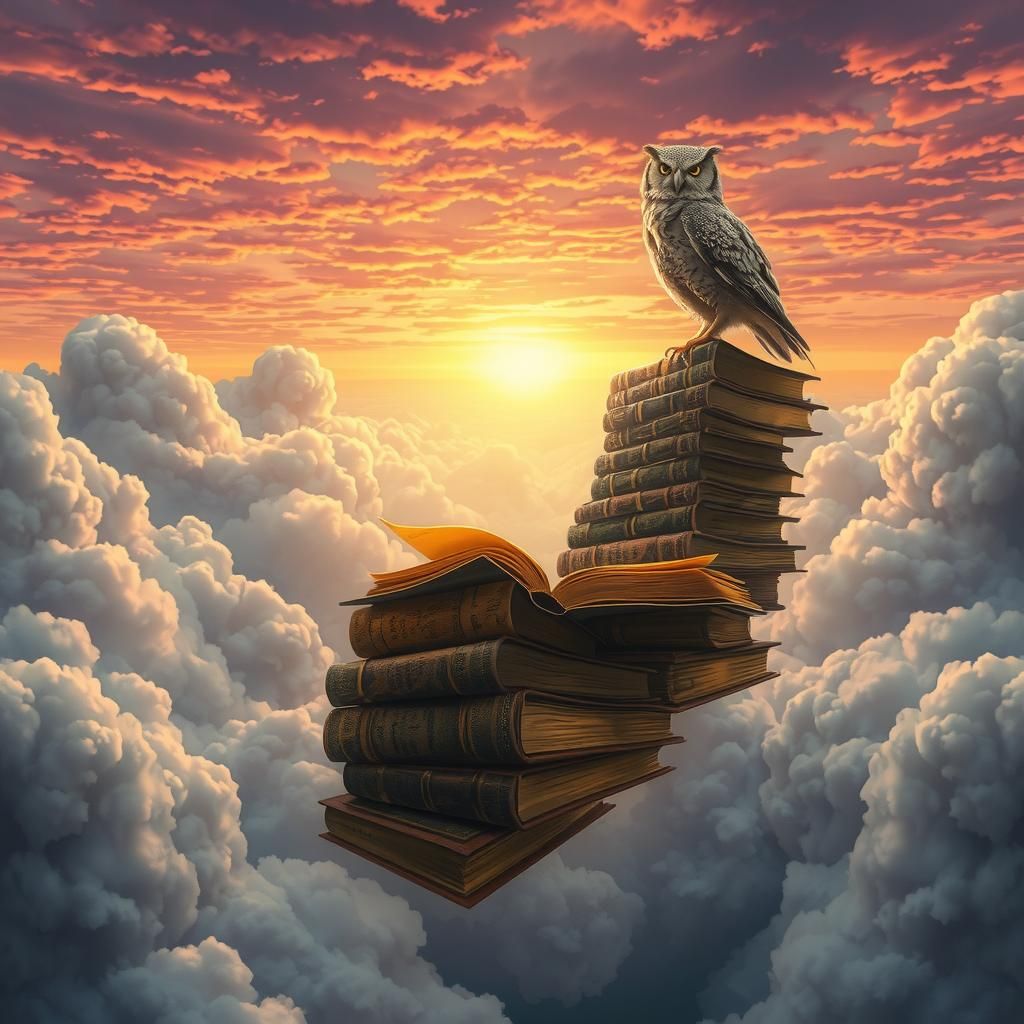 a striking image of a mystical library floating in the clouds, where books glow with ethereal light. A wise owl perches ...