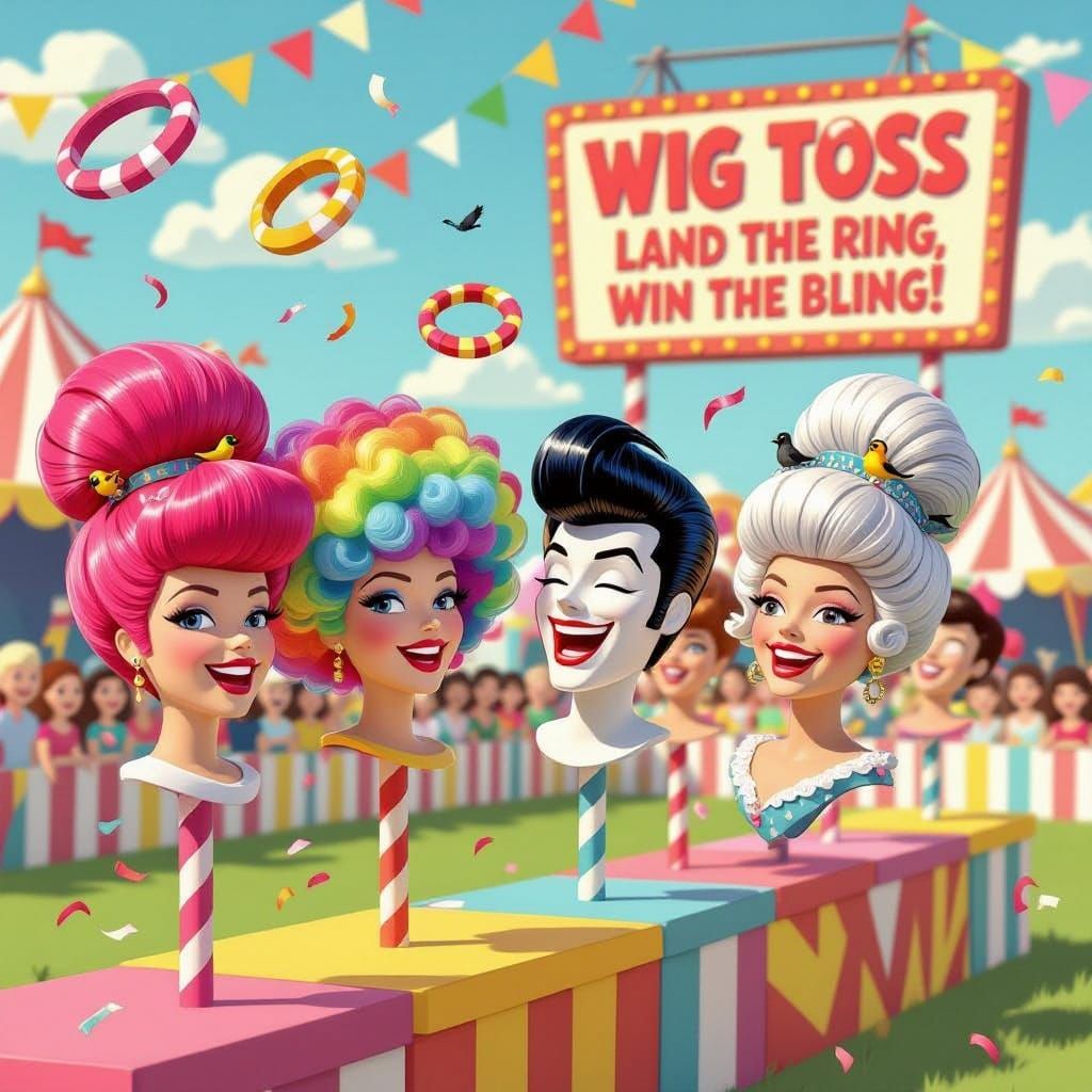Wig Toss Carnival Game: Fun Cartoon Scene