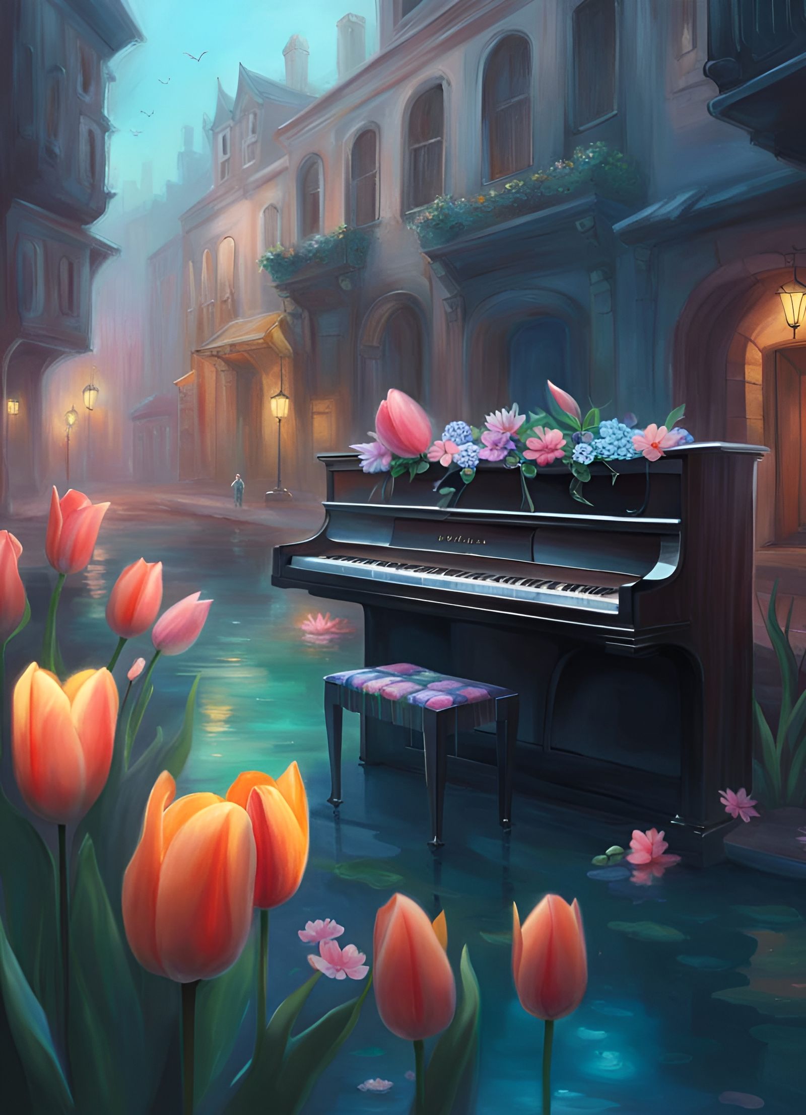 Underwater City Piano with Tulip: Oil Painting