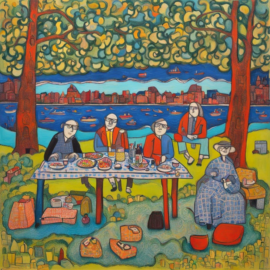 Vibrant Lake Scene in Maximalist Art Brut Style