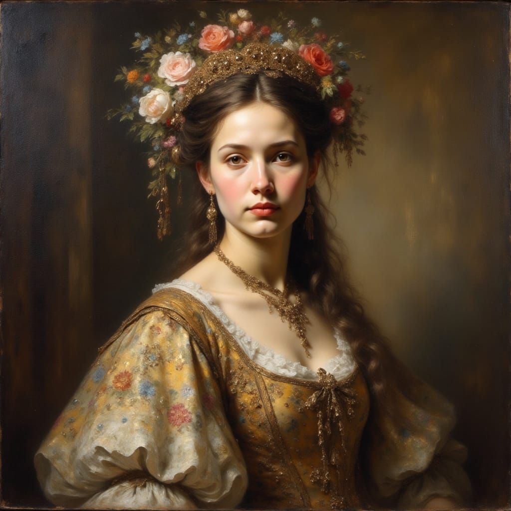 Woman in Baroque Style Dress with Golden Light