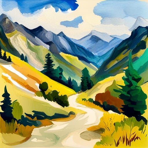 Mountainous Landscape in Gouache Impressionist Style