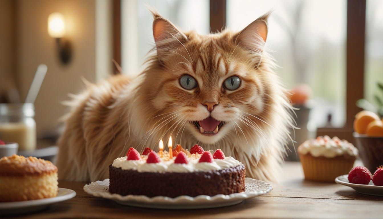 Fluffy Cat Nibbling Cake in Soft Light