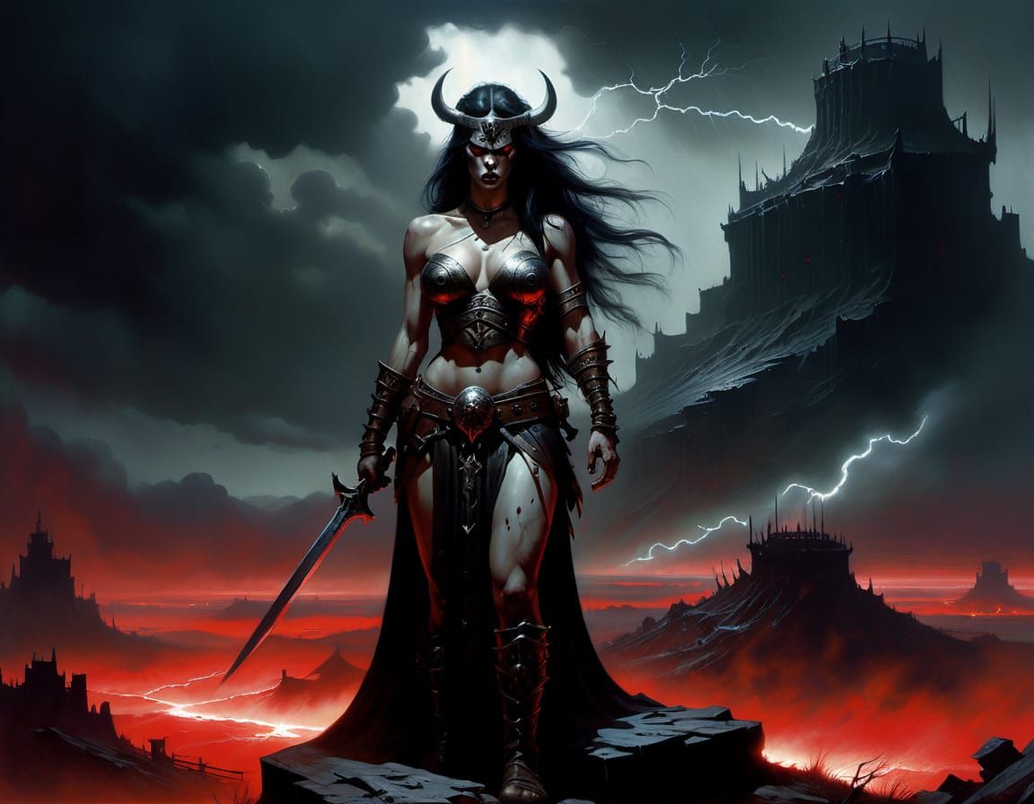Barbarian Queen on Battlefield in Dark Fantasy Art