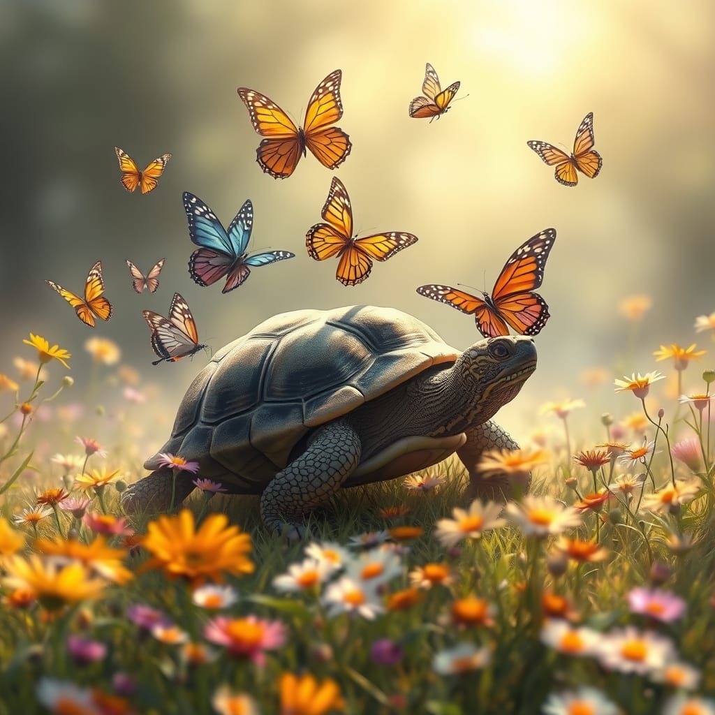 whimsical scene of butterflies frolicking around a turtle. T...