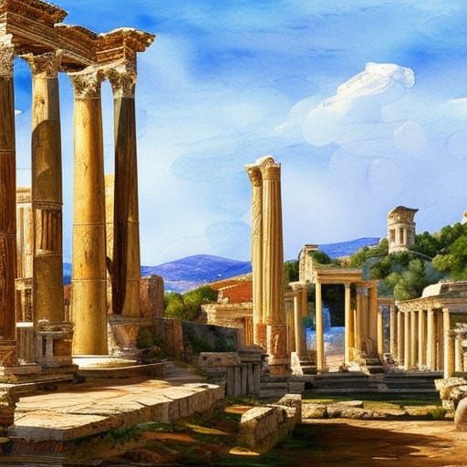 Ephesus Ancient Landscape in Gouache Watercolor Style