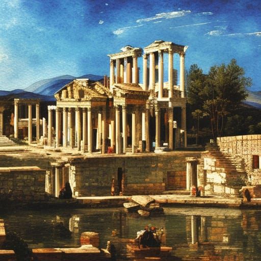 Ephesus Ancient Landscape in Gouache Watercolor Style
