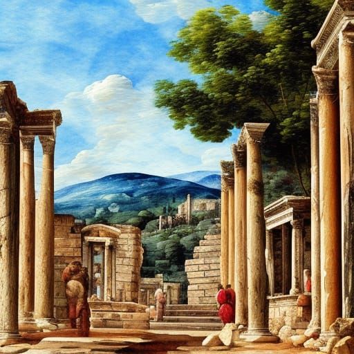 Ephesus Landscape in Gouache Style: Impressionist Masterpiec...