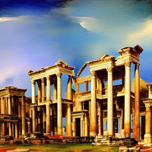 Ancient Ephesus Landscape in Gouache Impressionist Style