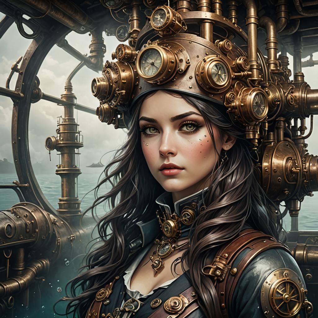 Steampunk Submarine Captain in Underwater Scene