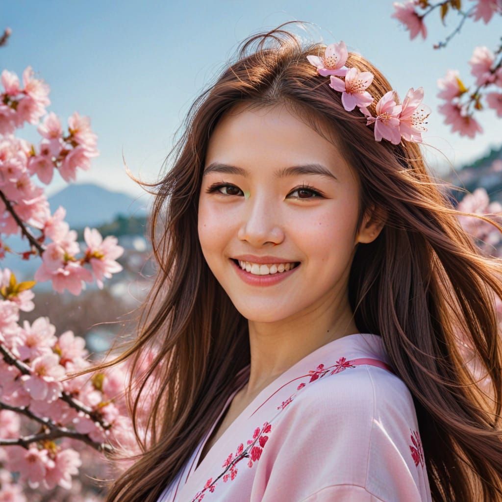 Breezy Sakura Goddess with Long Hair and a Flower