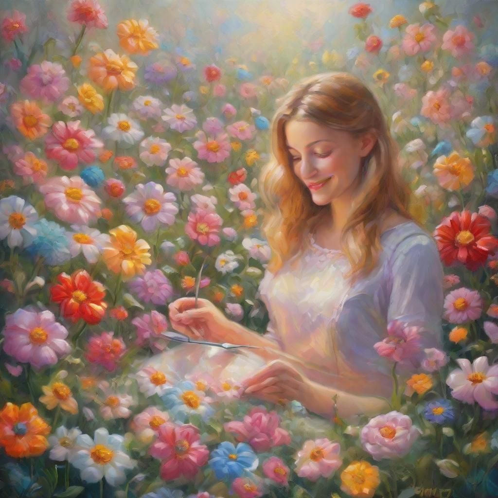 Dreamlike Garden Scene with Thimbles as Oil Painting