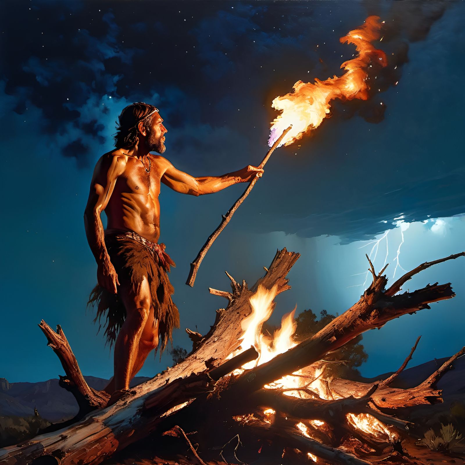 Prehistoric Man Discovers Fire, Oil on Canvas