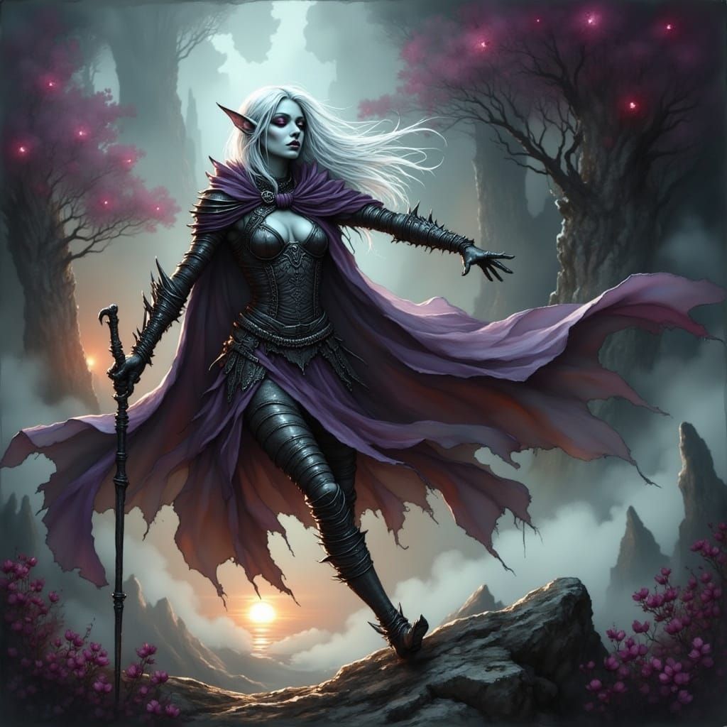 Drow Elf Rogue on Misty Peak in Digital Art Style