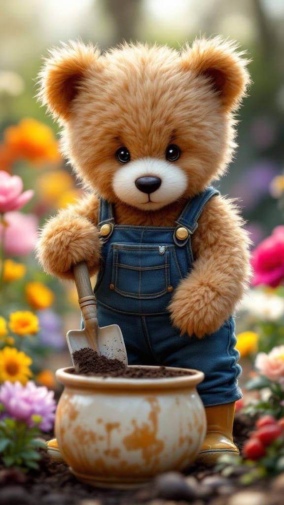 Cute Teddy Tends Garden in Vibrant Colors