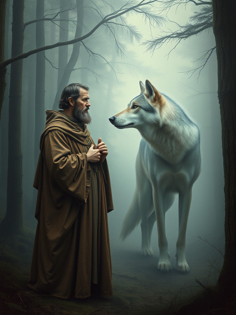 Saint Francis and Wolf in Fog, Pre-Raphaelite Style