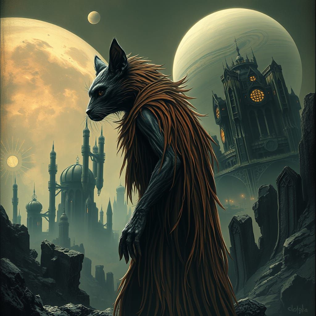 Feline-Ape Alien Surveys Gothic-Industrial Planet