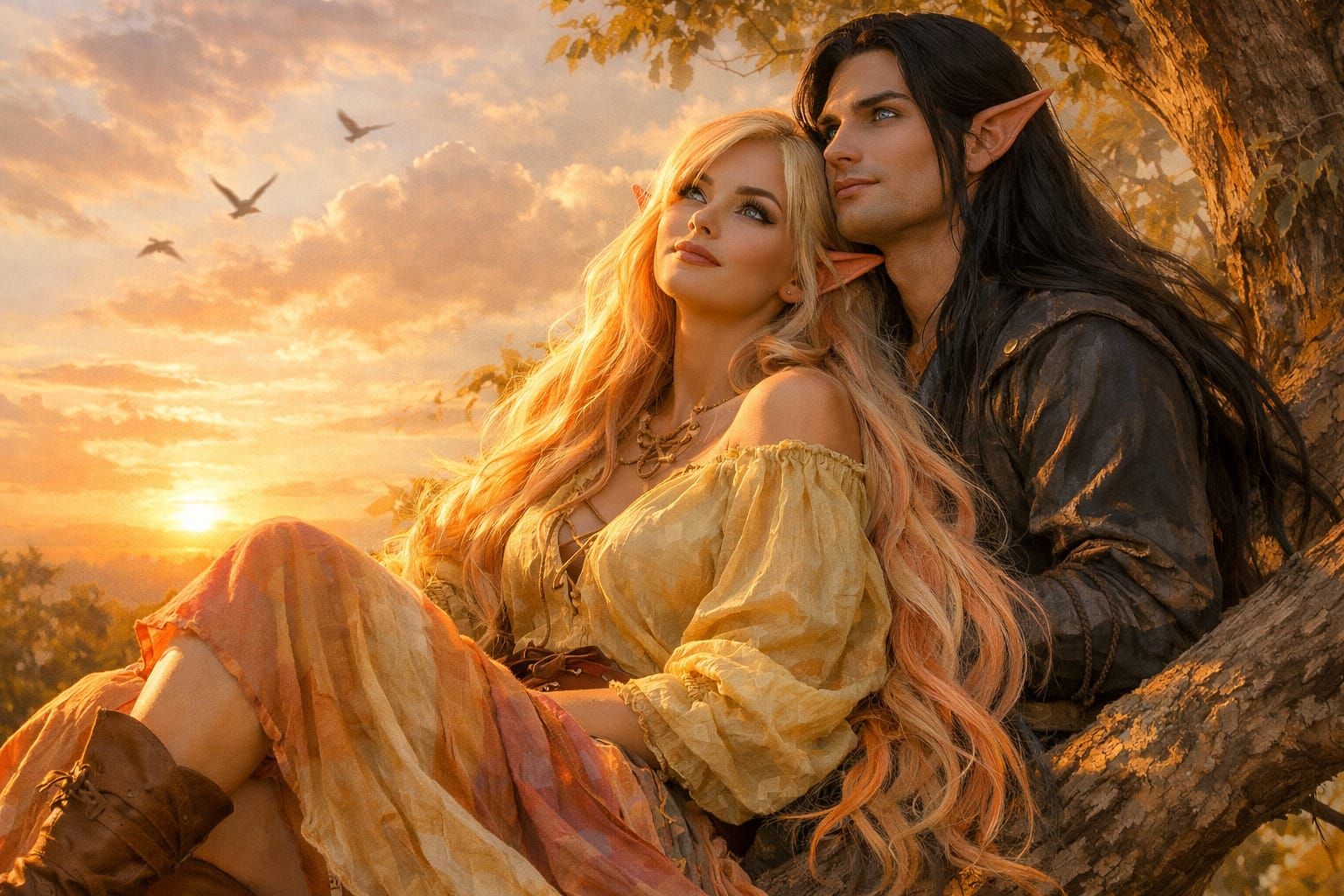 Couple in Tree Watching Sunrise, Ethereal Fantasy Art