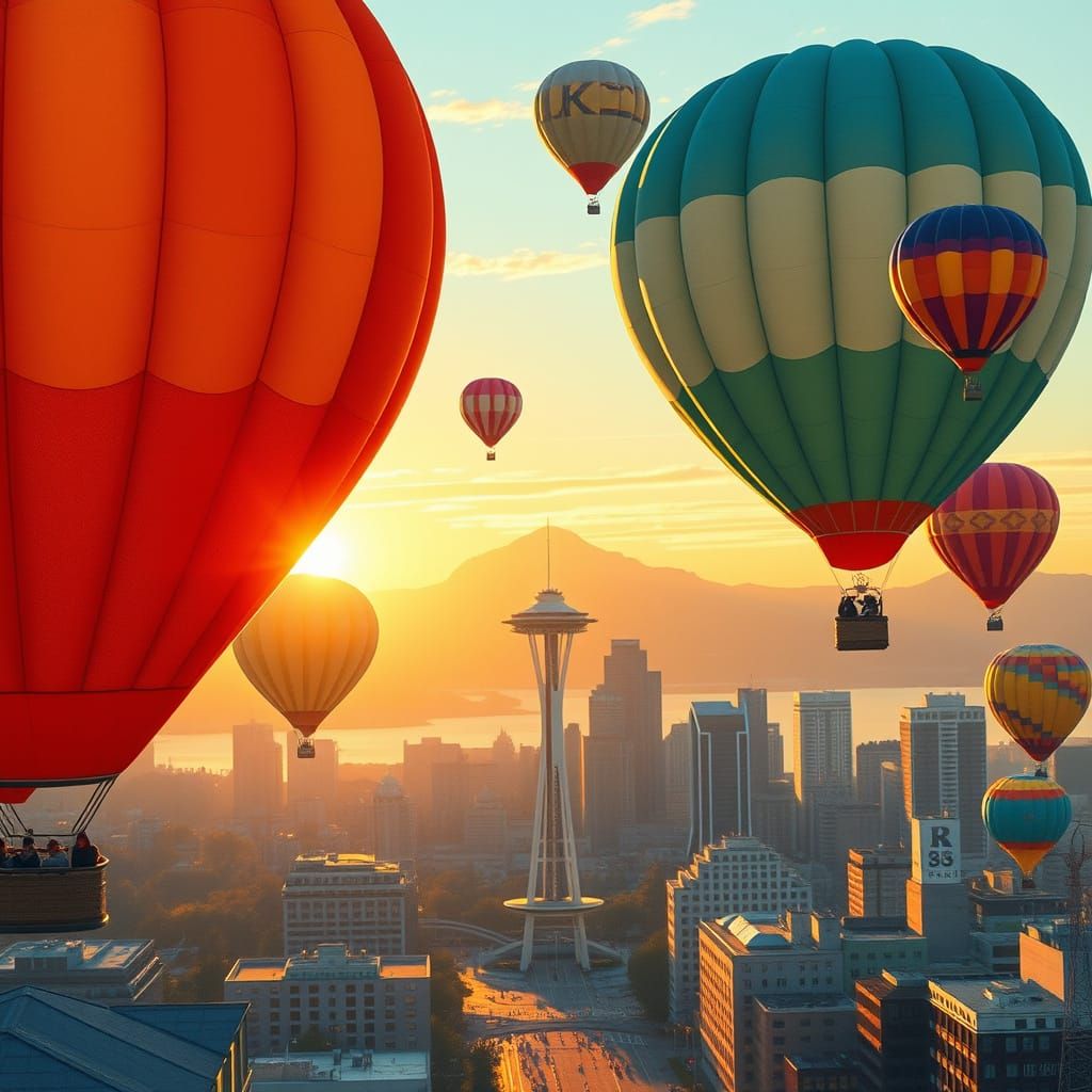 Hot Air Balloons Soar Above Seattle's Iconic Landmark