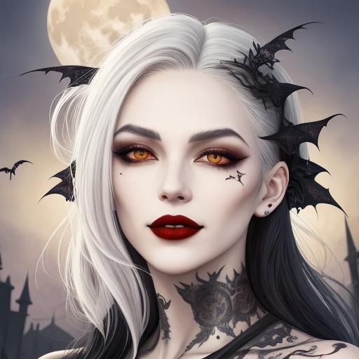 three alluring enchantingly beautiful, venomous  female vampire laughing with  blood- red lips and silky hair flowing in...