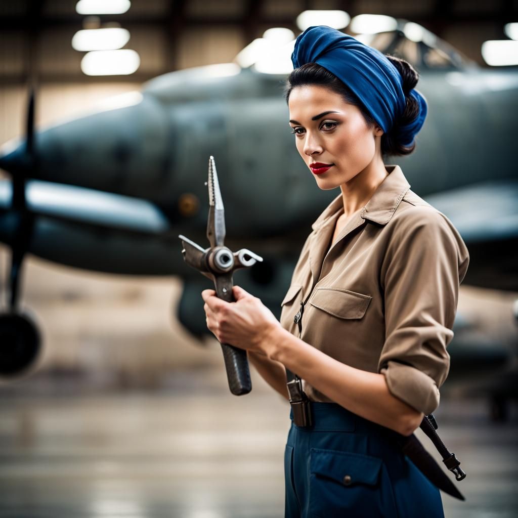 1940s Aircraft Worker Repairs Plane in Hangar