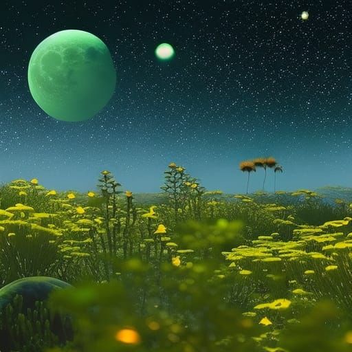 Surreal Moonlit Landscape with Glowing Plants