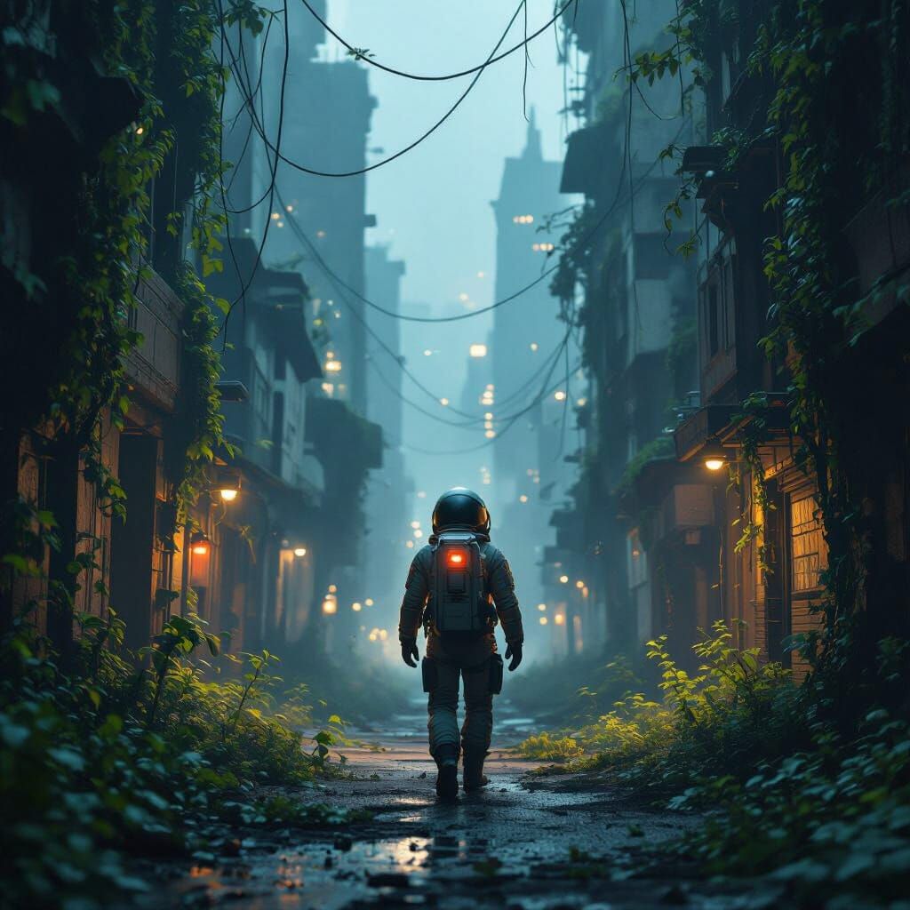 Astronaut in Overgrown Cityscape Matte Painting