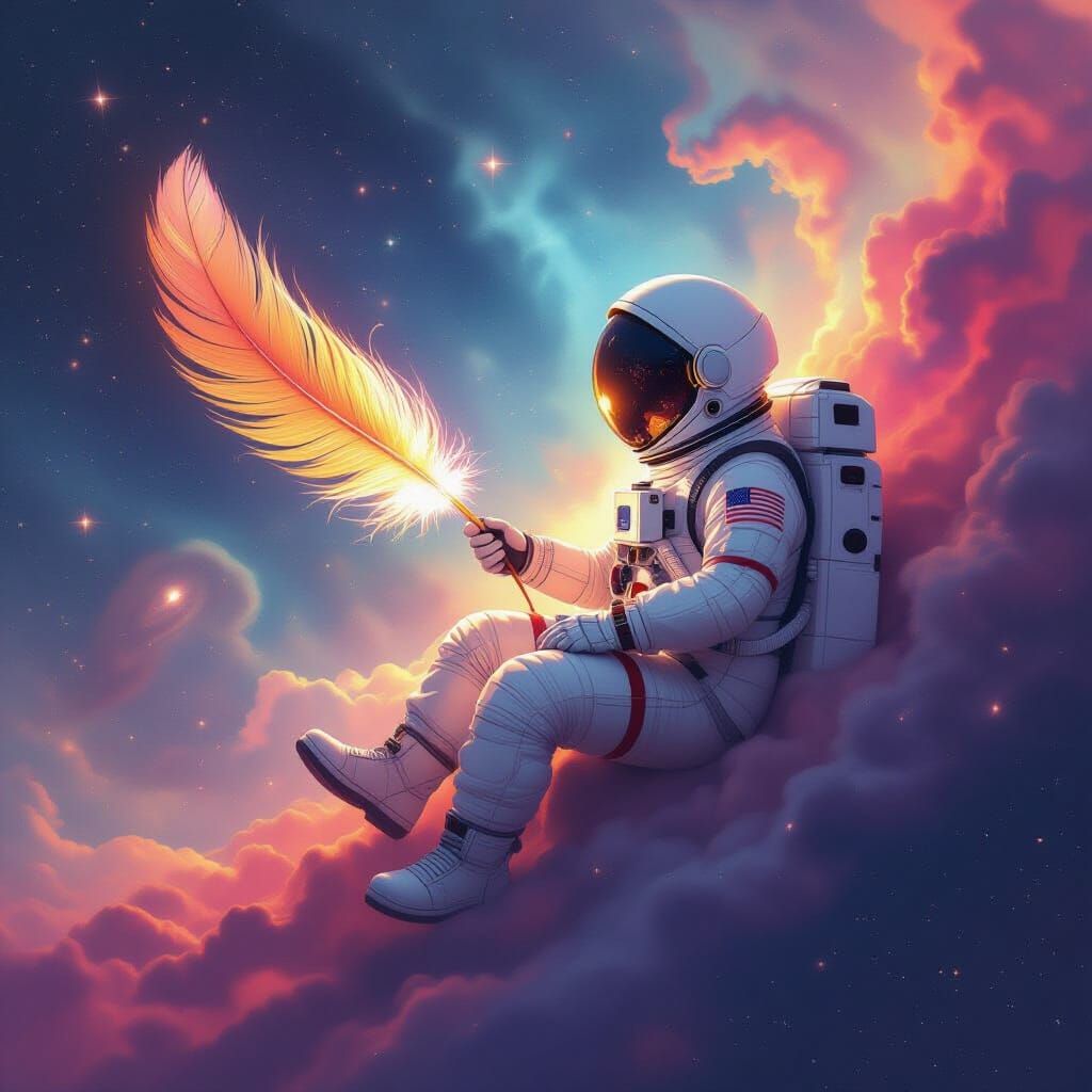 Astronaut Adrift in Nebula with Glowing Phoenix Feather